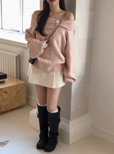 プレゼントリボンツイストルーズオフショルダーニット(4color)