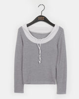 Laso Stripe Strap Layered Outer Fleece-Colored off-shoulder T-Shirt