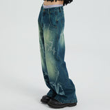 Cotton fountain pattern burnout contrast color washed straight jeans trousers
