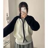 Sera collar color matching nagrang two-way knit zip-up