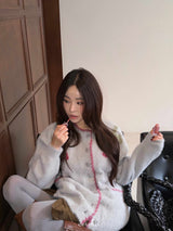 ピンクグラフニットウェアロングヘアカーディガン