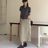 Abe nylon string cargo back banding long skirt