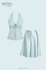 milk mint halter blouse silk skirt two-piece (TOP) 