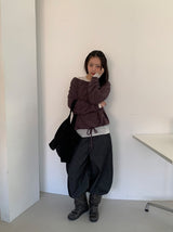 カラン オフショルダー ストラップ ストライプ ロングスリーブ Tシャツ