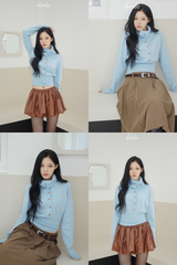 Sky blue high-neck button long-sleeved knitwear