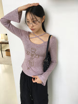 Comfo ビンテージクロスストラップディープUネック長袖Tシャツ