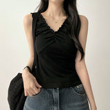 Carn spandex シャーリングフリルVネックノースリーブナシベスト