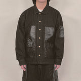 faux leather mix denim shirt_black