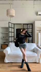 Beads Unbalanced Off-Shoulder Laced Long-Sleeved T-Shirt