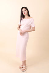 Off-Shoulder Slit Long Onepiece Pink