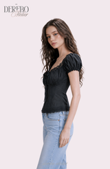 Black lace square short-sleeve blouse
