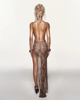 “Leopard Mesh High-Slit Gown”