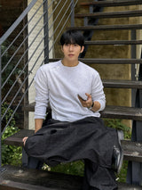 Waffle diagonal button crop long-sleeve t-shirt