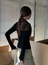 Collar See-Through Stripe Long Sleeve T-Shirt