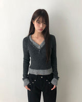 Ripin Color-Block V-Neck Slim Bouclé Long-Sleeve Knit