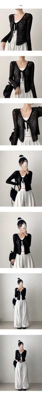  Monp pattern see-through ribbon knit cardigan