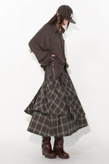 Asymmetrical drawstring patchwork plaid versatile and playful midi skirt