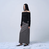 FOLDING WAIST BAND MAXI SKIRT (CHARCOAL KHAKI)