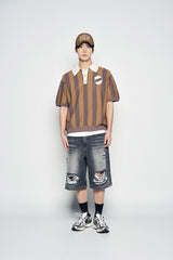 25SS COLLAR POINT STRIPE SHORT SLEEVE KNIT BROWN