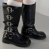 Six buckle belt long worker leather boots