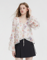 Cherry Blossom Ribbon Frill Floral Chiffon Blouse