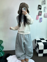 STRING/FLEECE❤SIDE PINTUCK BALLOON LONG PANTS WIDE🤍🩶🖤3COLOR
