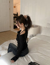 Halter Neck Ribbon Strap Off Shoulder Knit (3color)