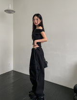 ドレープ シャーリング アンバランス オフショルダー Tシャツ