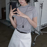[Mokdin] Mock-Neck Shirred Short-Sleeve T-Shirt - 4 Colors