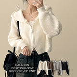 Leppon Thick Two-Way Cropped Knitwear Hooded Zip-Up