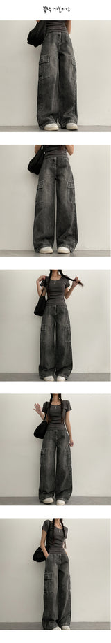 [Short, Basic/S-3XL] Cropped Banded Waist Wide Cargo Denim Pants