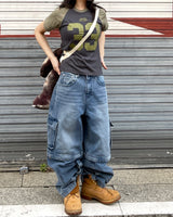 Unisex ツーウェイバミューダジッパーカーゴワイドデニムパンツ