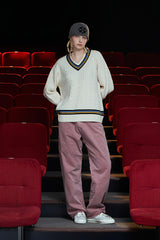 CABLE V NECK CRICKET KNIT / IVORY