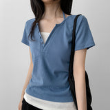 V button halterneck layered short-sleeved shirt (4 colors)