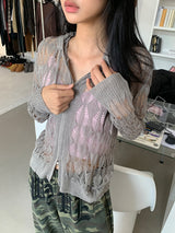 NET SEE-THROUGH KNIT HOOD ZIP-UP