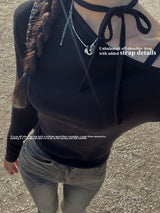 Unbuttoned off-shoulder halter strap long sleeve T-shirt (3 colors)