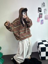 ストライプフリースワンサイドストリングアノラックニットスウェット 💙🩶🧡3COLOR