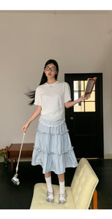 Lace shirring round loose fit short sleeve tee