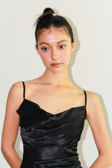 COWL NECK SHIRRING SATIN MIDI DRESS / BLACK