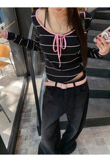 Pink strap striped striped long-sleeved t-shirt