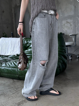 Gray washed damage wide pants