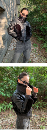 Black fur high-neck zip-up leather jacket