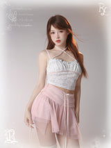 ROSE ISLAND Travel to Rose Island Mini Rose Garden Halter Beaded Slim Tank Top