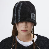 DENIM PATCHED KNIT BEANIE - BLACK