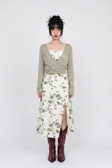 OLIVE PETAL TIE HALTER SLIT DRESS