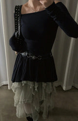バレットオフショルダーアンバランスミニドレス (NAVY)