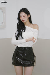 アンバランスオフショルダーシャーリングベーシック長袖Tシャツ