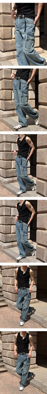 [Unisex] フリンジカーゴデニムパンツ(3color)