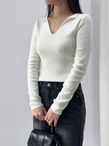 Ciar Collar V-Neck Slit Ribbed Long Sleeve Knit