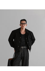 Crop Suede Open Collar Jacket [Black]